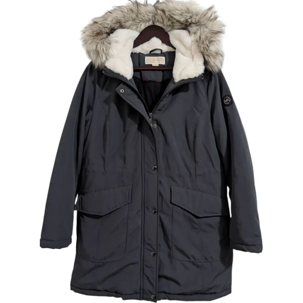 Michael Kors Faux Fur Trim Hooded Parka - Gunmetal Gray - Size M